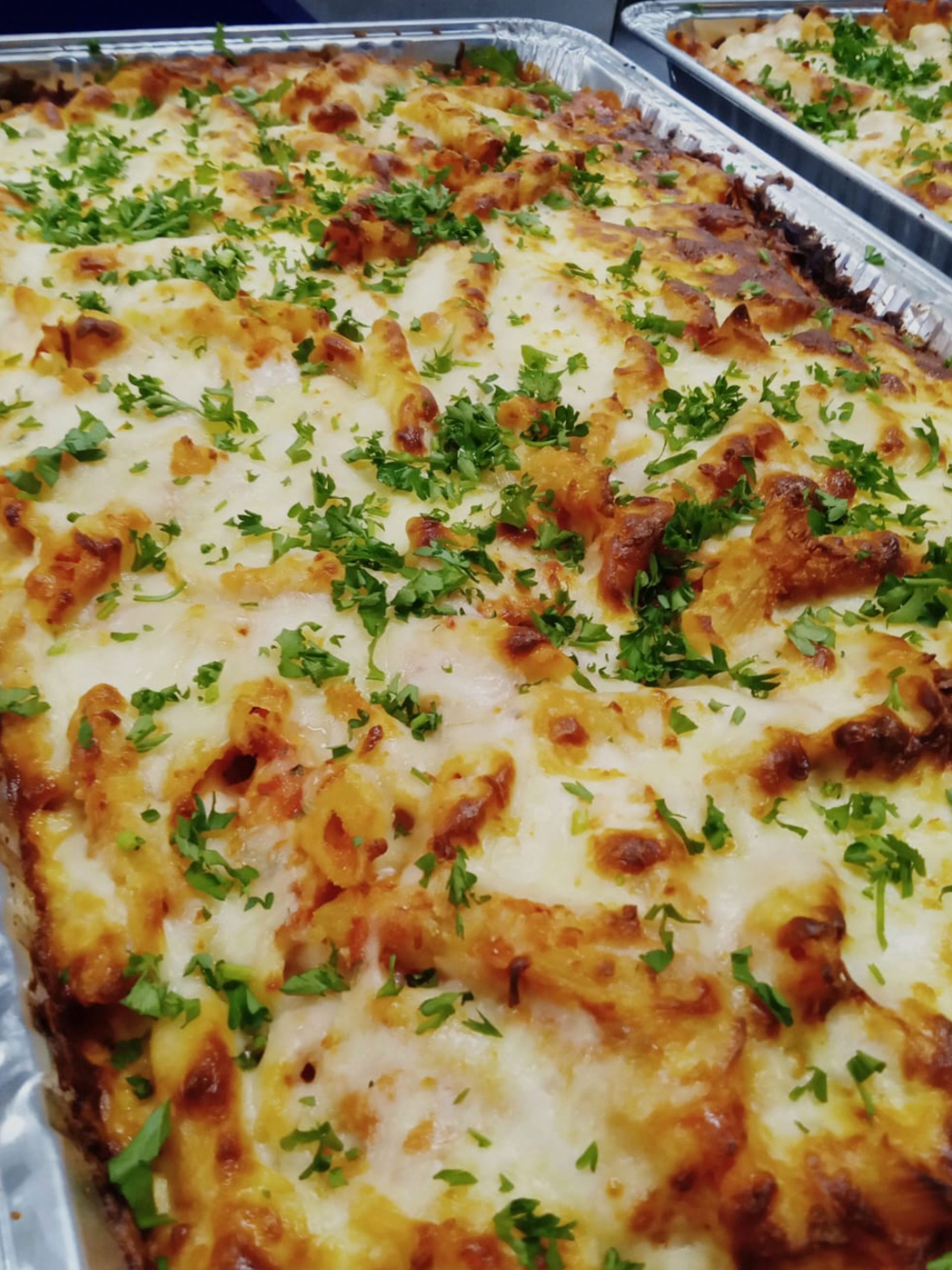 Baked ziti in a catering pan